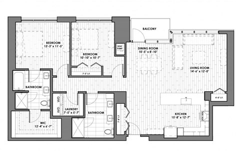 Floor plan for 2 beds, 2 baths, 1510 sqft
